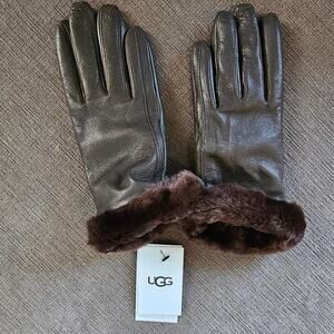 UGG Women's Brown Leather Shorty Tech Tip Real Fur Cuff Gloves Size L/G